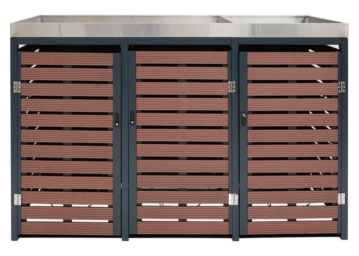 MÜLLTONNENBOX 3er mit Pflanzkasten HxBxT 124x200x84cm Walnuss-Holzoptik - Braun, Metall (200/124/84cm) - PROREGAL