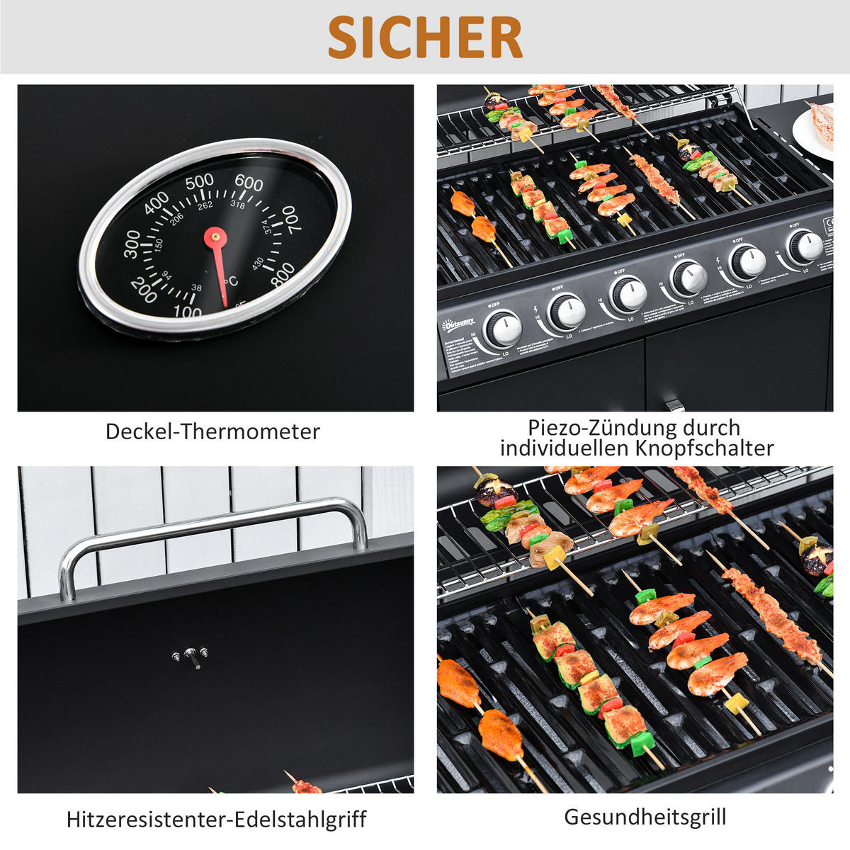 GASGRILL mit 6 Brennern 1 Seitenbrenner Schrank Multifunktion Metall Schwarz 135 x 50 x 100 cm - Schwarz, Metall (50/100/135cm) - Outsunny