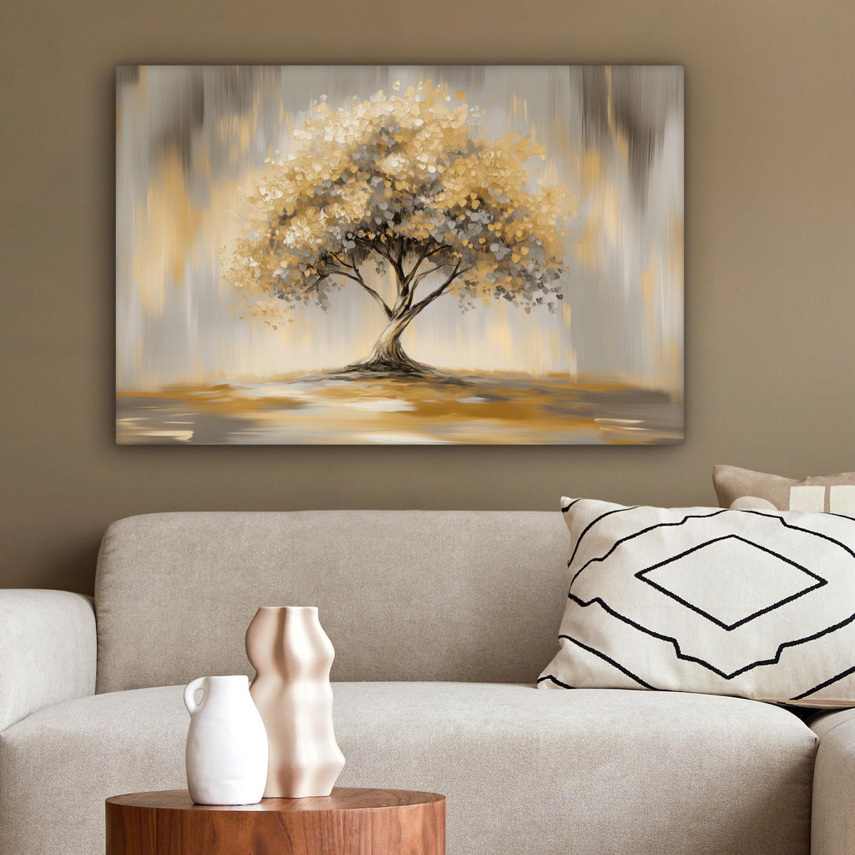 LEINWANDBILD Gemälde - Baum - Abstrakt - Blätter Gemälde 60x40 cm - Beige, Textil (60/40cm) - MuchoWow