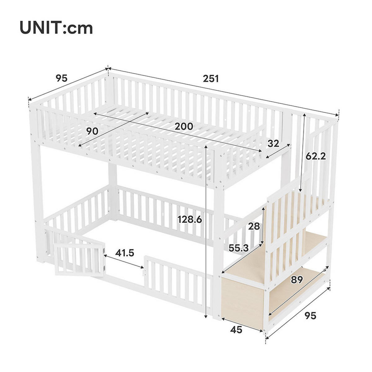 ETAGENBETT 90x200 cm mit Stauraumleiter und mit LED, Weiß - Weiß, Metall (90/200cm) - KOMHTOM