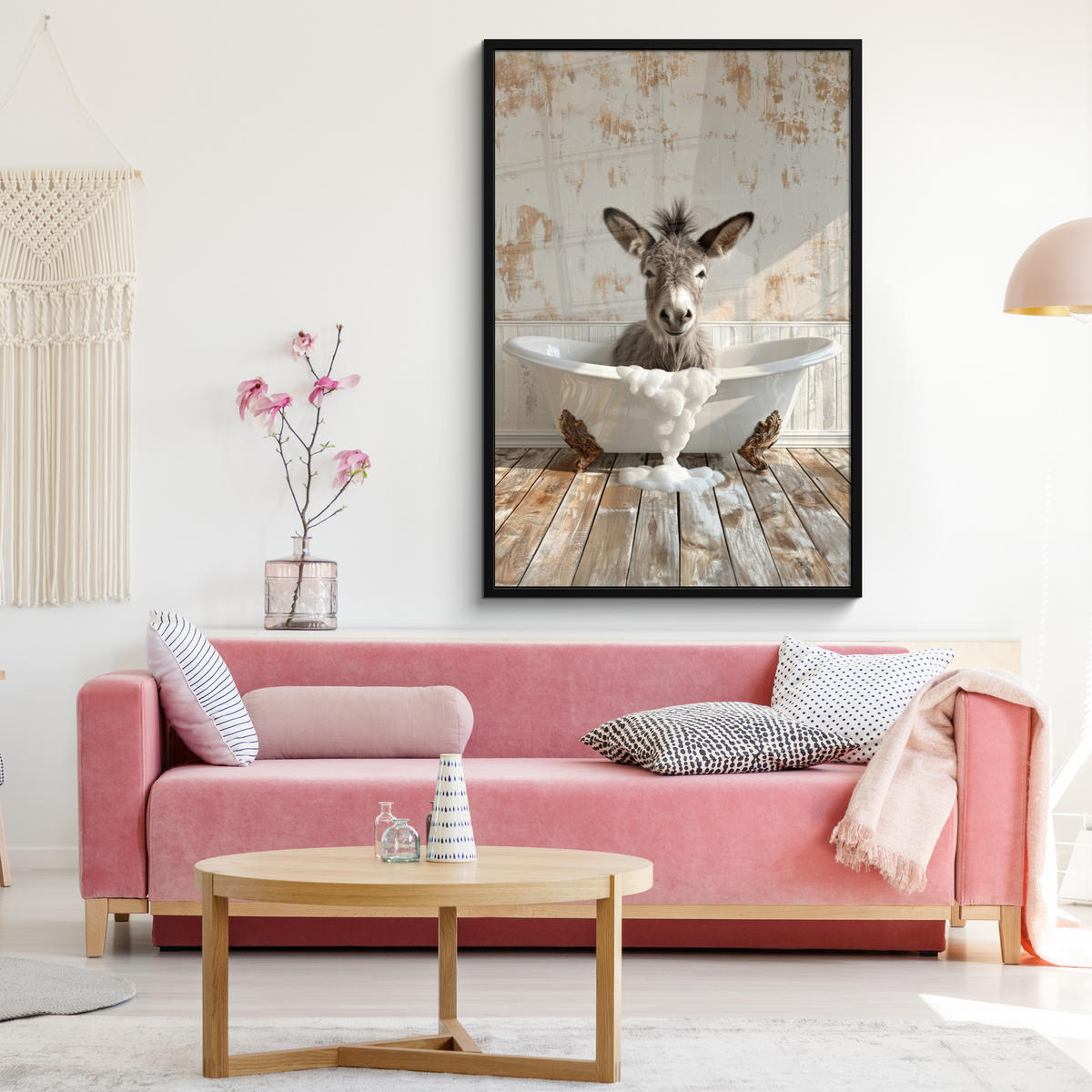GERAHMTES BILD Esel - Tiere - Badewanne - Schaumstoff 80x120 cm - Weiß, Papier (80/120cm) - MuchoWow