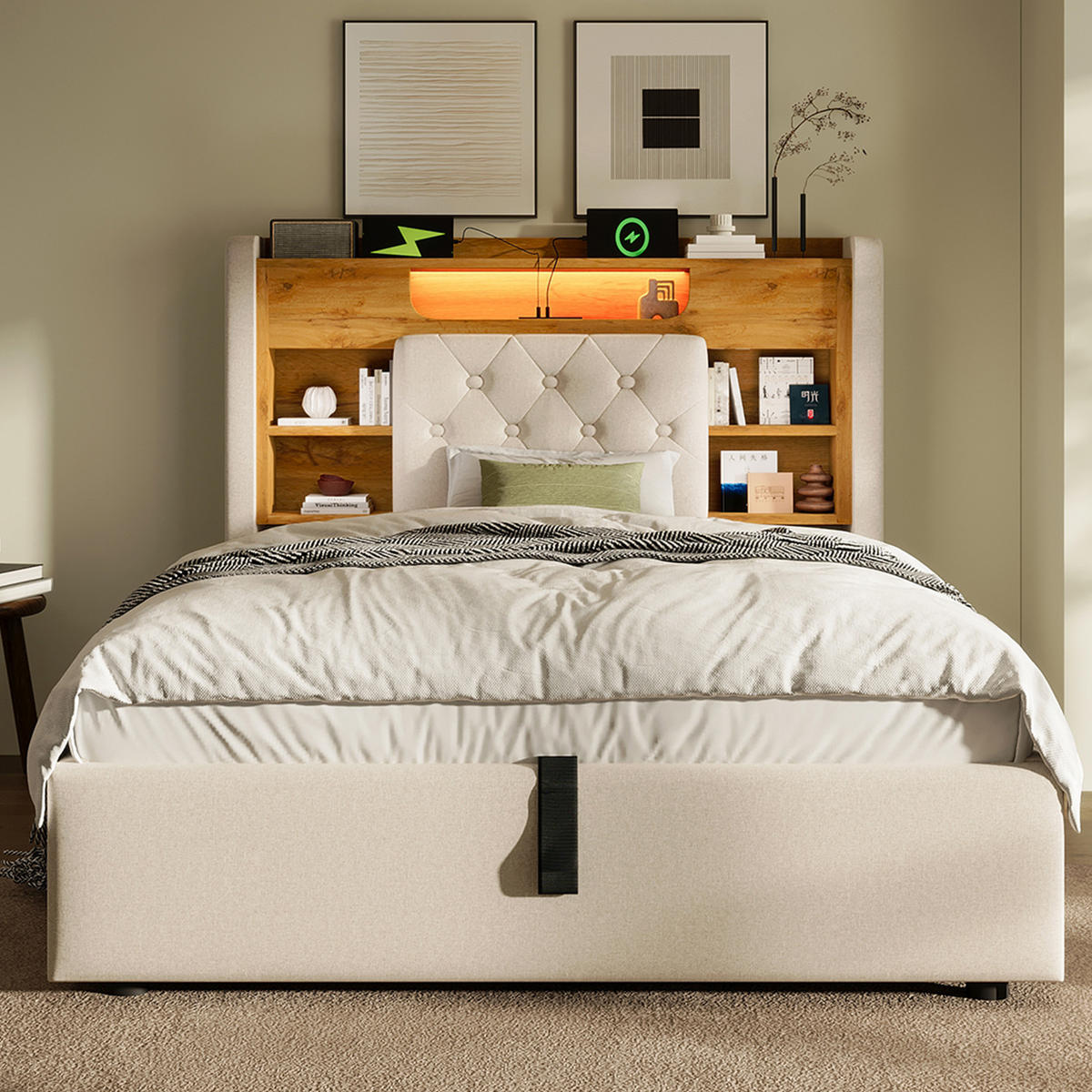 BETT mit Bettkasten 90x200 cm Leinen Beige - Beige, Metall (90/200cm) - Meubliv