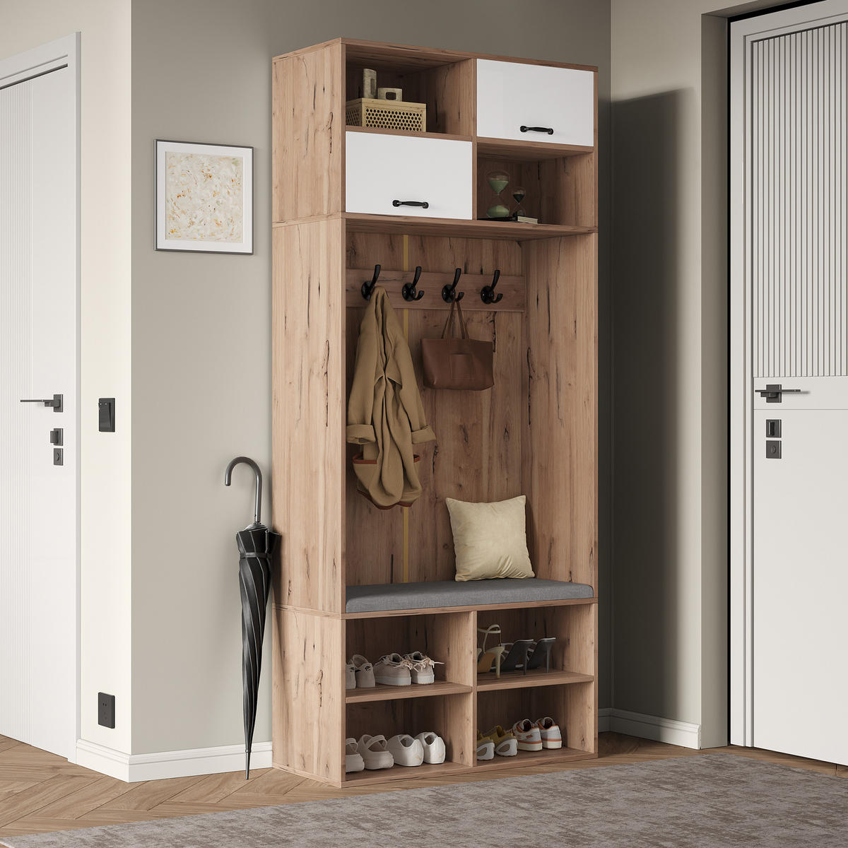 GARDEROBENSET, Komplett-Set Flurgarderobe mit Sitzbank, 5 Haken, 2 Türen & 6 Offener Lagerraum - Naturholzfarbe und Weiß, 80×185×35 cm (B×H×T) - Multicolor, Holzwerkstoff (35/185/80cm) - FLIEKS