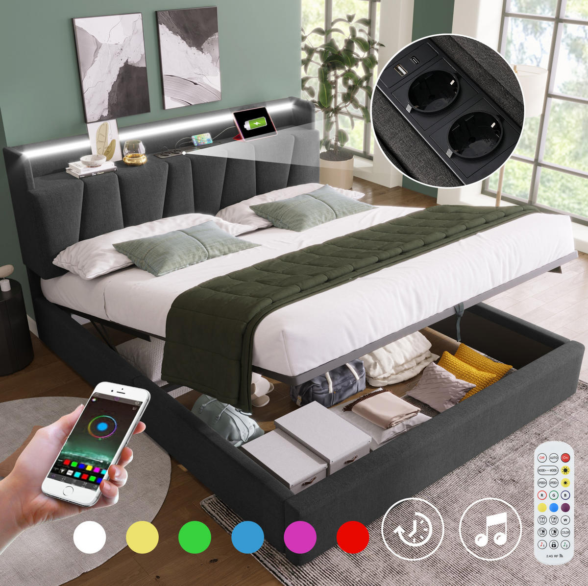 POLSTERBETT 140/190 cm mit LED, USB, Steckdosen, Stauraum-Kopfteil und Bettkasten, Leinen, Grau - Grau, Textil (140/190cm) - Redom