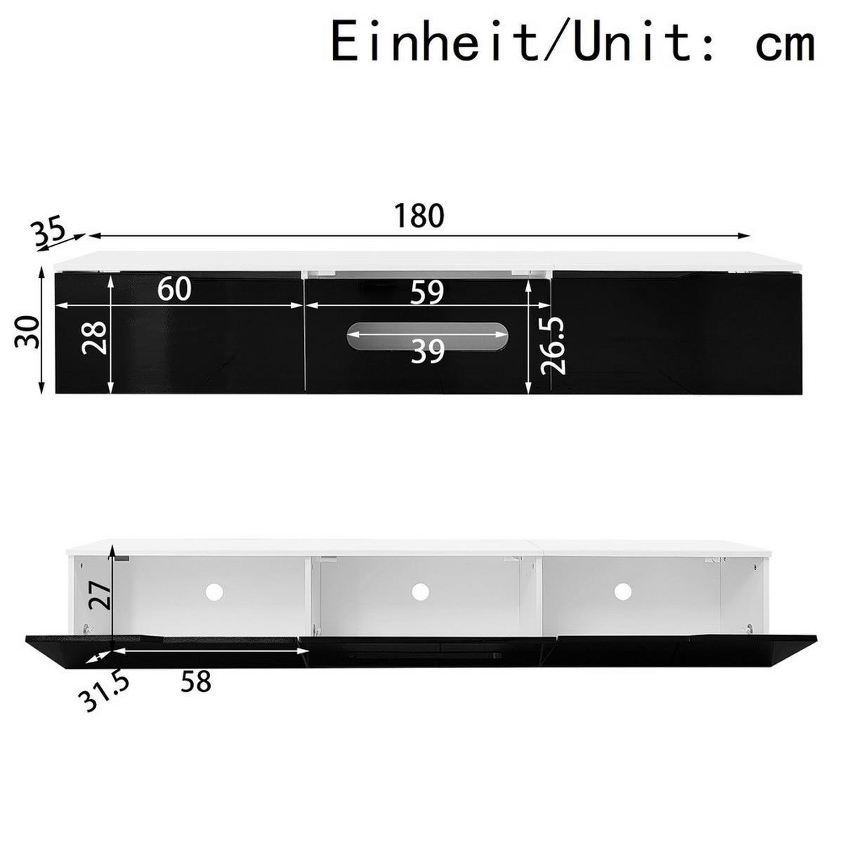 TV-SCHRANK 180cm Hochglanz 16-Farben-LED wandmontierbar Schwarz-Weiß - Weiß, Holz (46/16.5/133cm) - FLIEKS