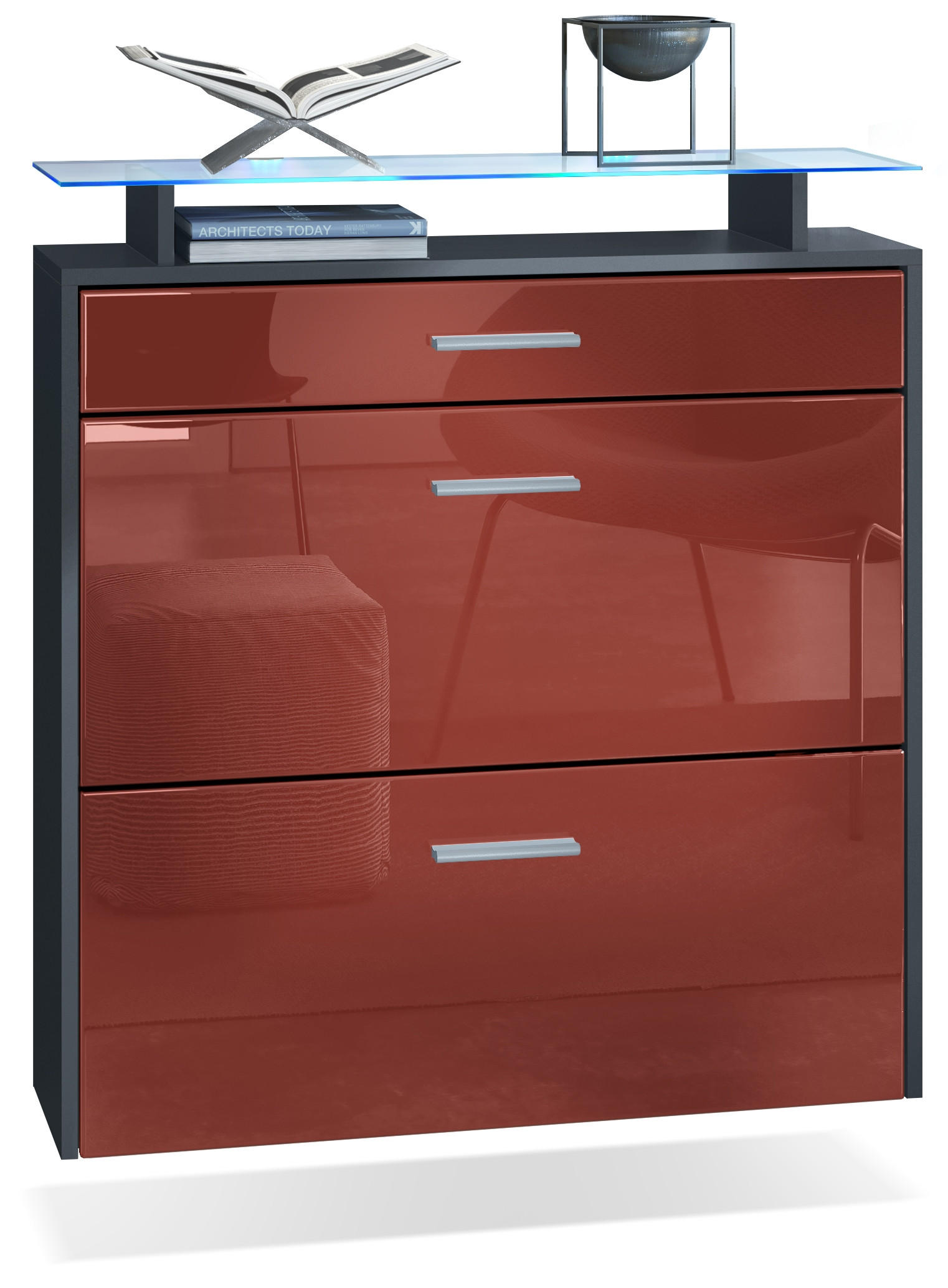 SCHUHSCHRANK Malea Fronten in Bordeaux Hochglanz - Bordeaux, Holzwerkstoff (89/96/23cm) - Vladon