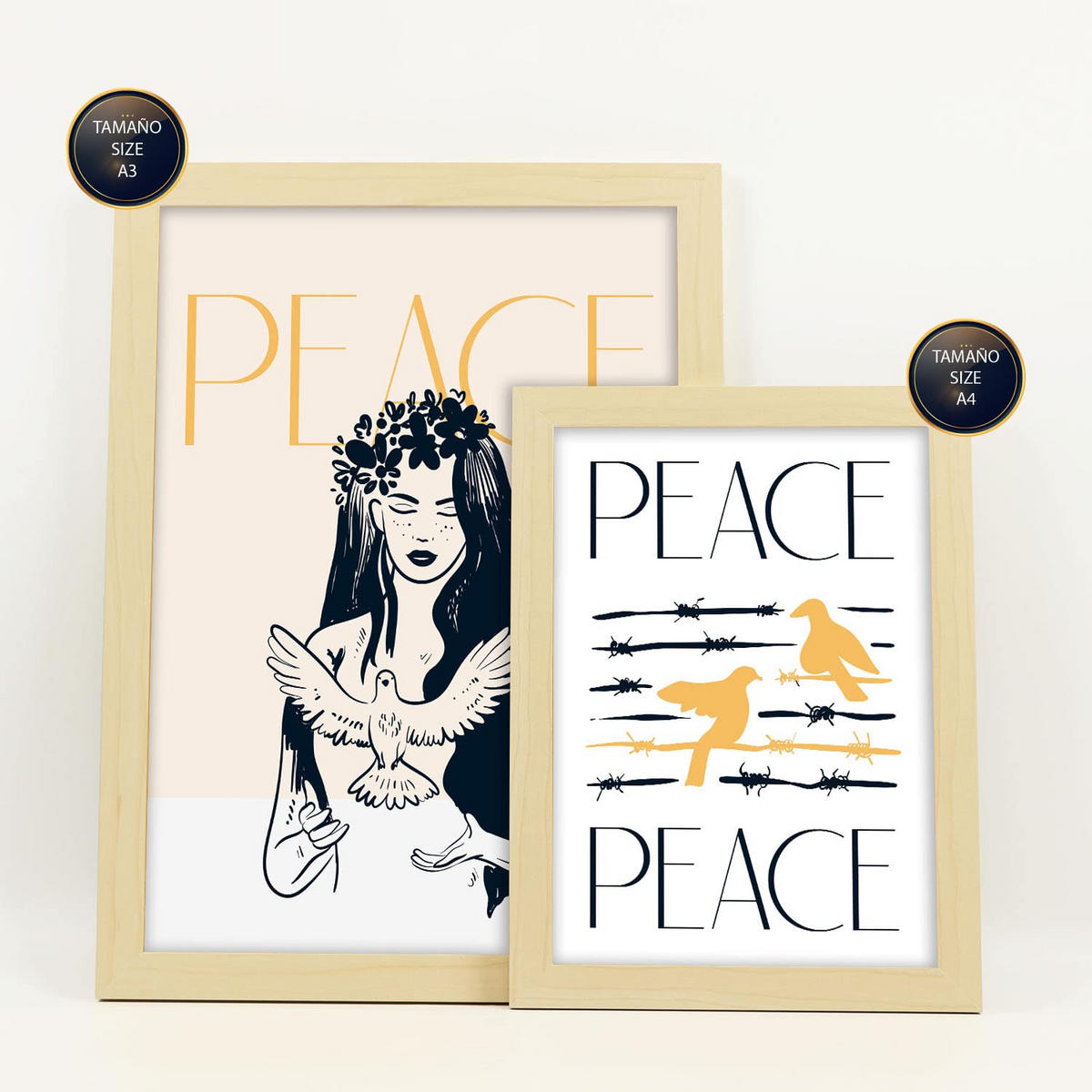 POSTER Set Mit 6 In Schwarzer Tinte Frieden Und Liebe Kunstdrucke Von Meer Und Ozean Für Innenarchitektur A3 & A4 Rahmen Aus Hellem Holz - Beige, Papier (29/3cm) - Nacnic