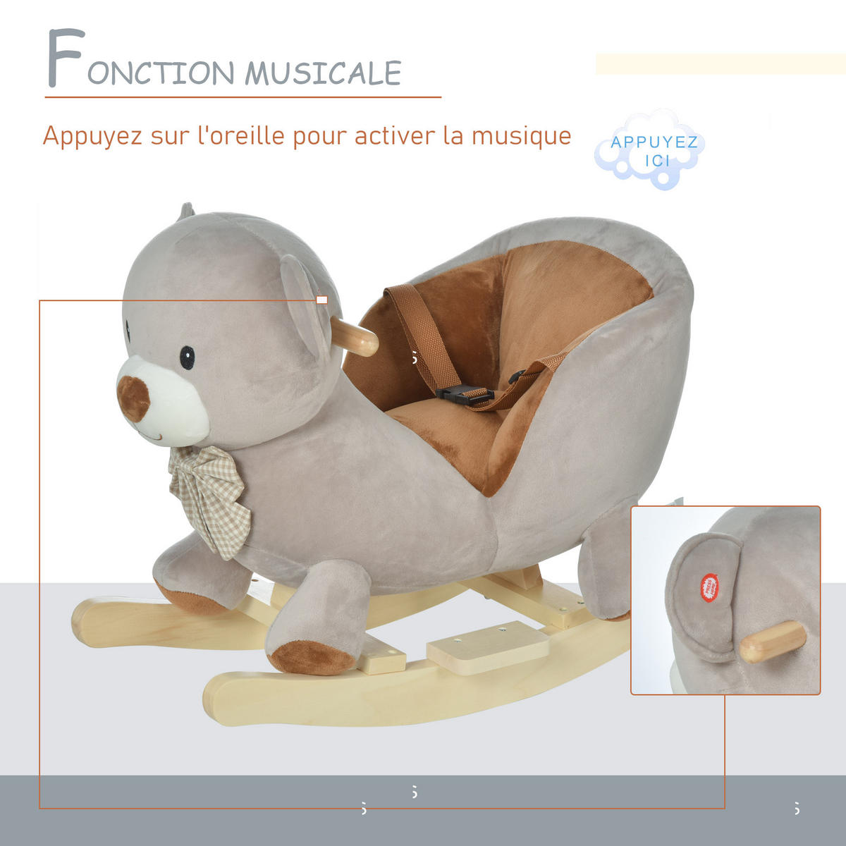 SCHAUKELPFERD DE-18232 mit Soundfunktion und Sicherheitsgurt Grau-Braun - Grau, Holz (33/50/60cm) - ComfortXL