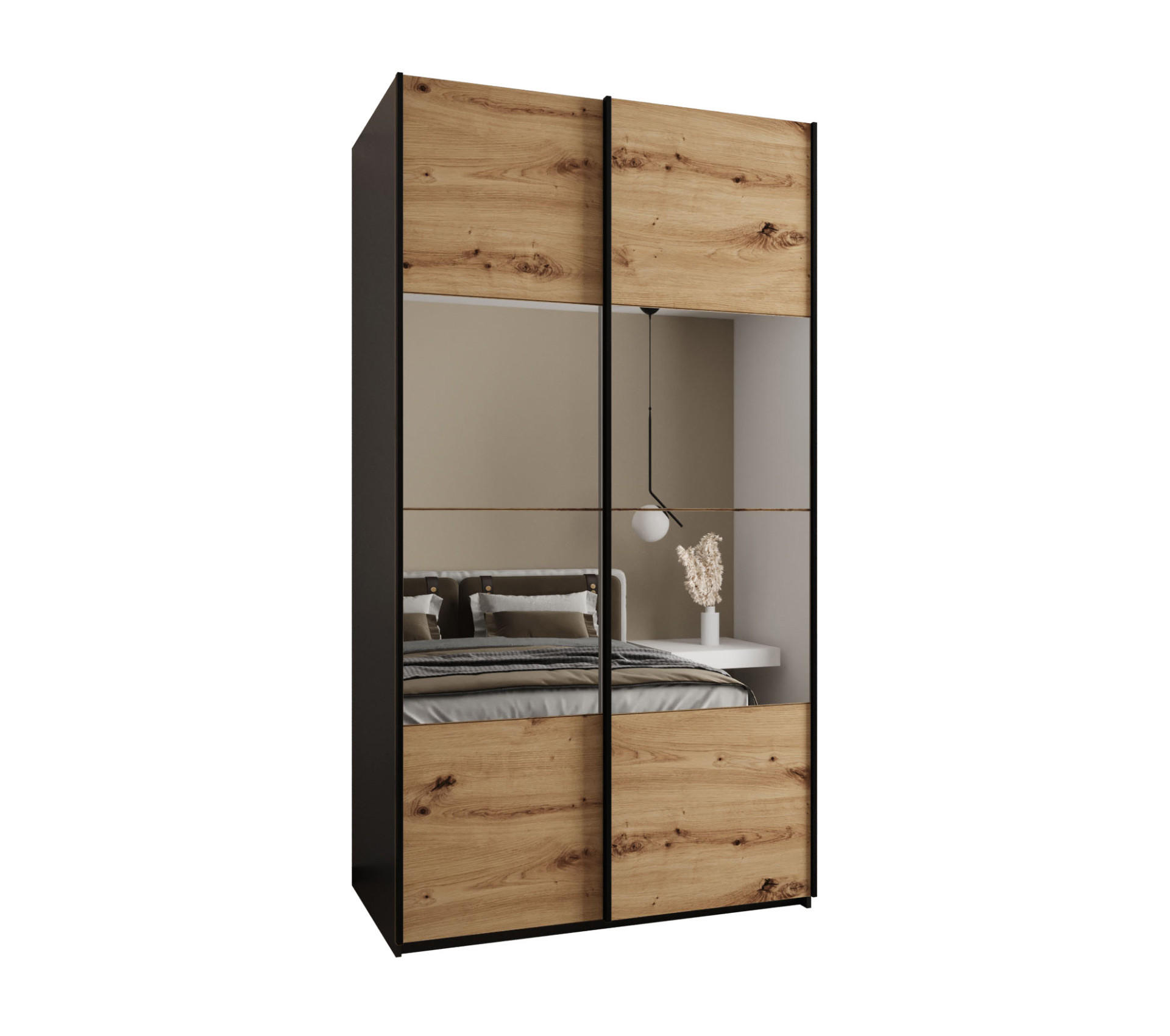 Abiks Möbel Schwebetürenschrank Schwarz, Eiche Artisan, Schwarz 130x245x64 cm