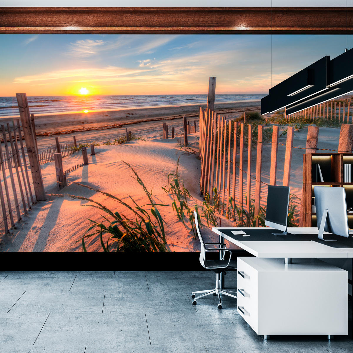 FOTOTAPETE für Wohnzimmer Sonnenaufgang Strand Meer Wellen Dünen 450x315 - Blau/Gelb, Papier (450/315cm) - Muralo