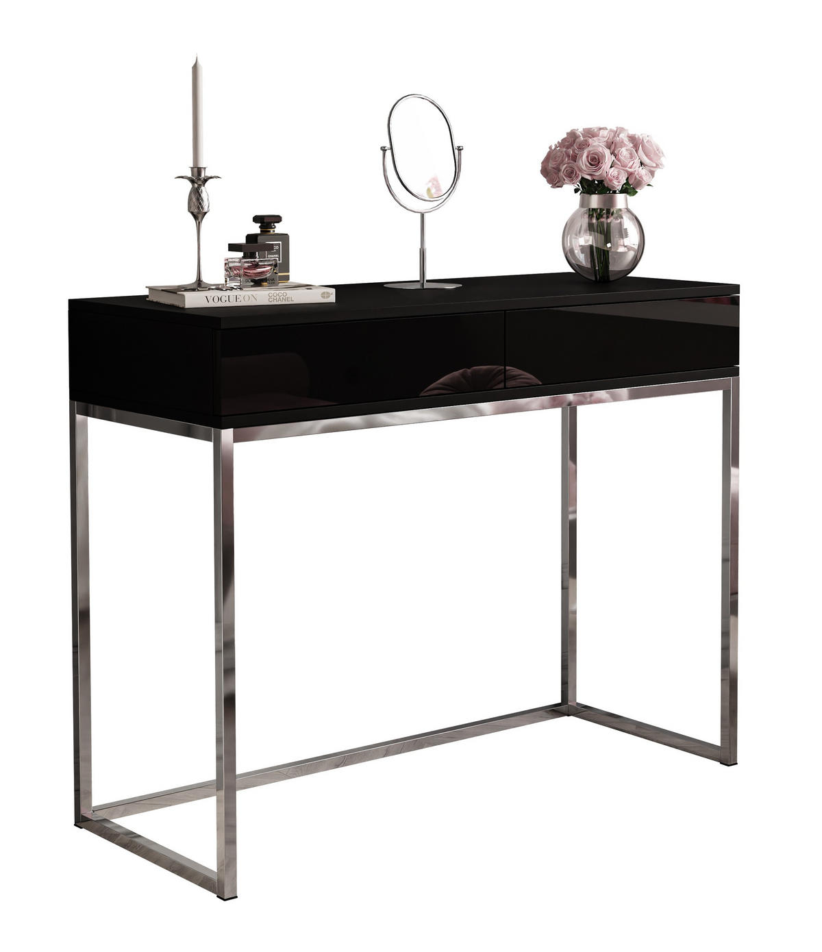 KONSOLE BLANCO GLAMOUR II auf verchromtem Gestell Schwarz Hochglanz PUSH OPEN - Schwarz Hochglanz/Silberfarben, Holzwerkstoff (42/100/81cm) - Lookway
