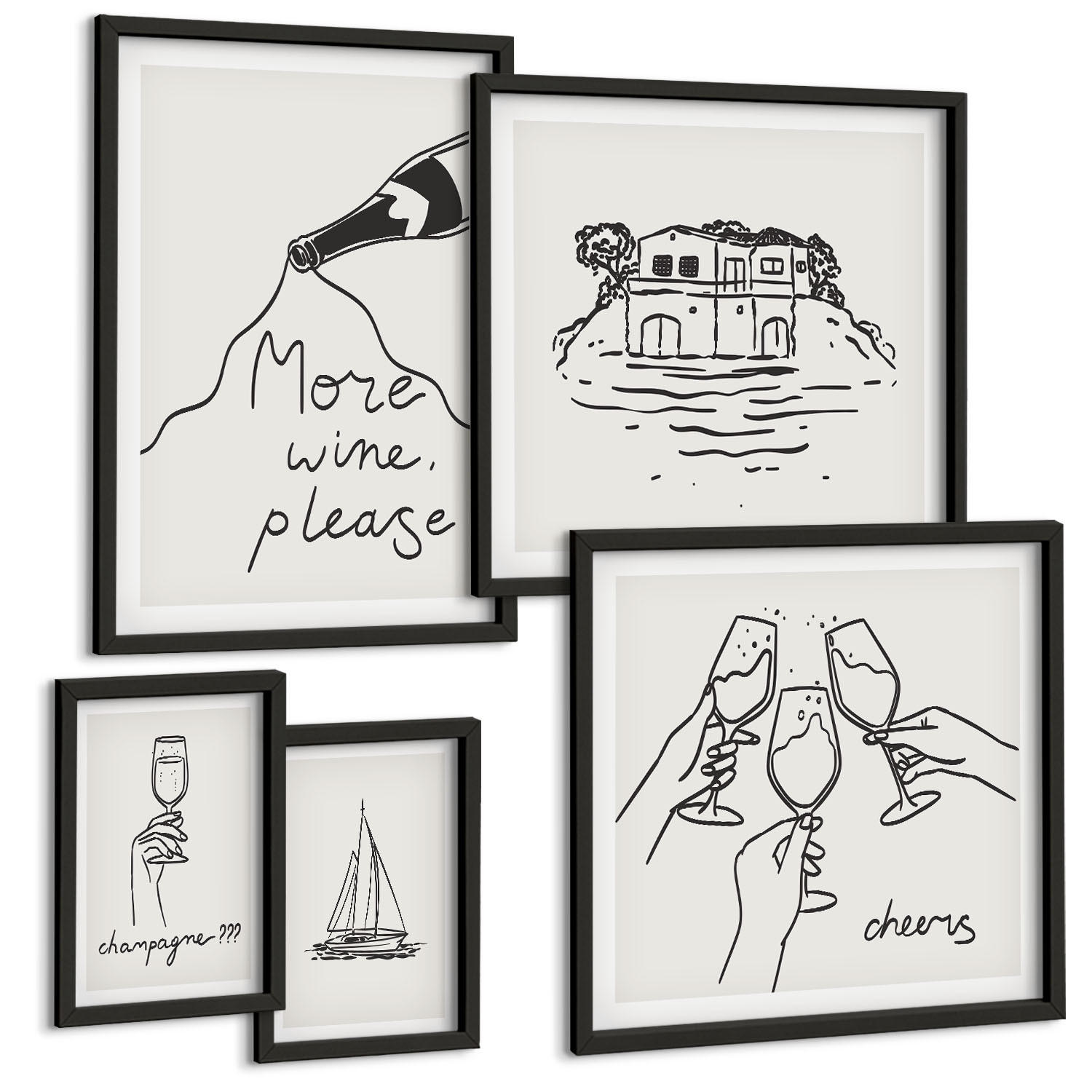 BILDER SET 5er Set - 50x50 cm & 20x30 cm & 40x60 cm Schwarzer Rahmen - Minimalistische Boho-Muster - Schwarz, Kunststoff (40/60cm) - TULUP