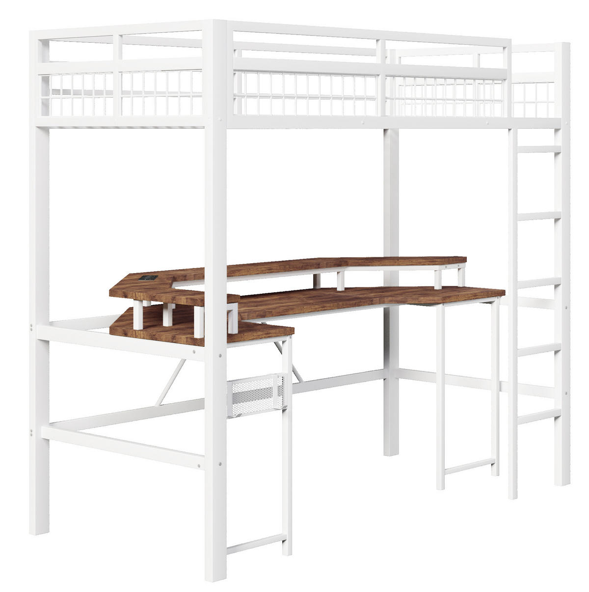 HOCHBETT 90/200 cm in Weiß mit Schreibtisch und LED-Beleuchtung - Weiß, Metall (90/200cm) - Flora Grace