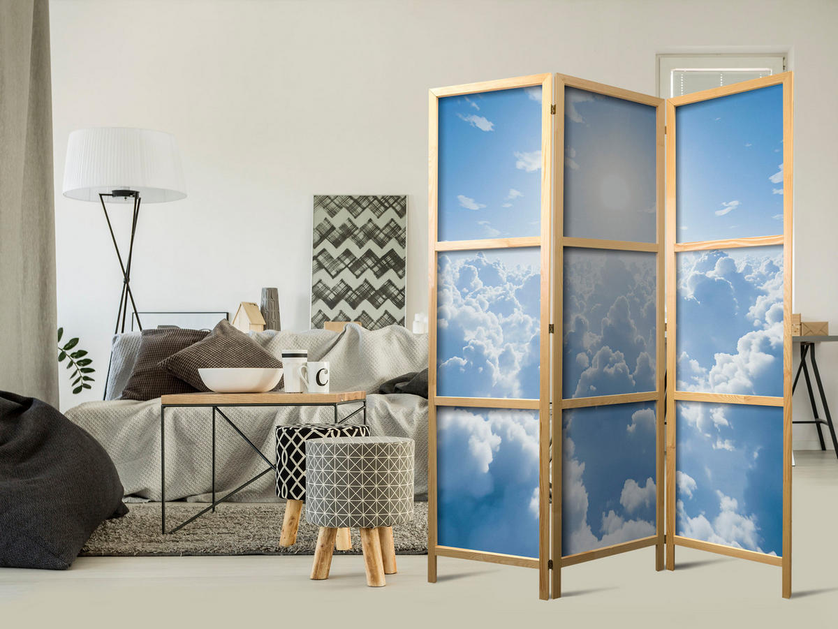 PARAVENT Japanischer 3-tlg 135x172 cm Wolken Und Sonne - Blau, Holz/Textil (135/172/3cm) - Muralo