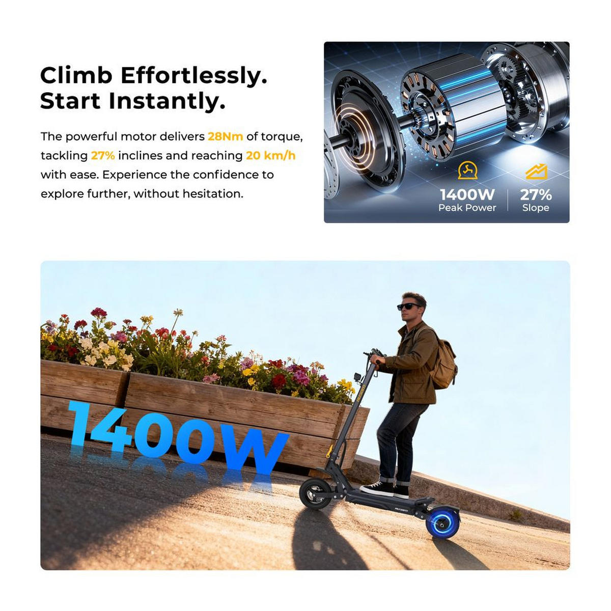 E-SCOOTER Ausom Gosoul 2 Pro 1400W Elektroroller 20km/h 90km Reichweite NFC Federung 10 Zoll Tubeless Reifen - Dunkelgrau, Metall (57cm) - Ausom