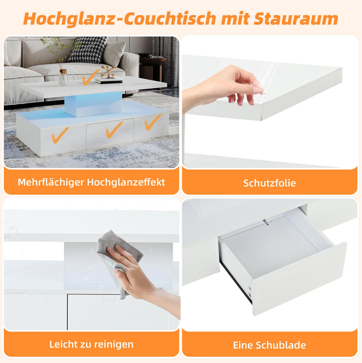 COUCHTISCH aus Spanplatte 100x50x39 cm Weiß mit LED-Beleuchtung, offener Ablage, Schublade und Hochglanzfront - Weiß, Holzwerkstoff (100/50/39cm) - Modfu