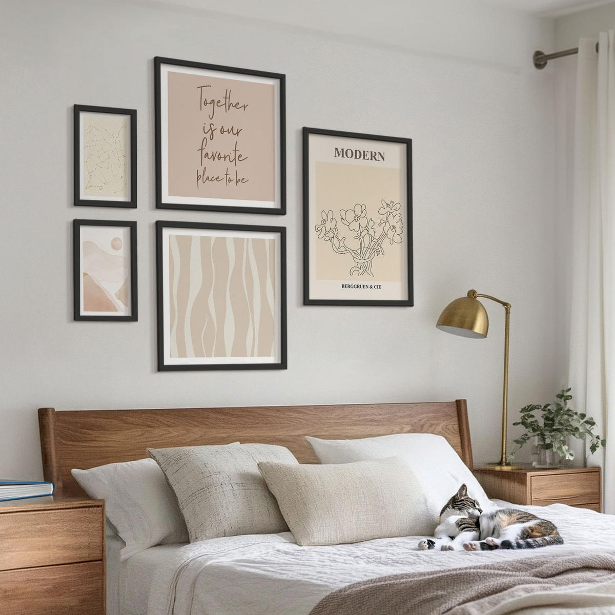 BILDER SET 5er Set - 50x50 cm & 20x30 cm & 40x60 cm Schwarzer Rahmen - Abstrakte Formen und Farben - Schwarz, Kunststoff (40/60cm) - TULUP