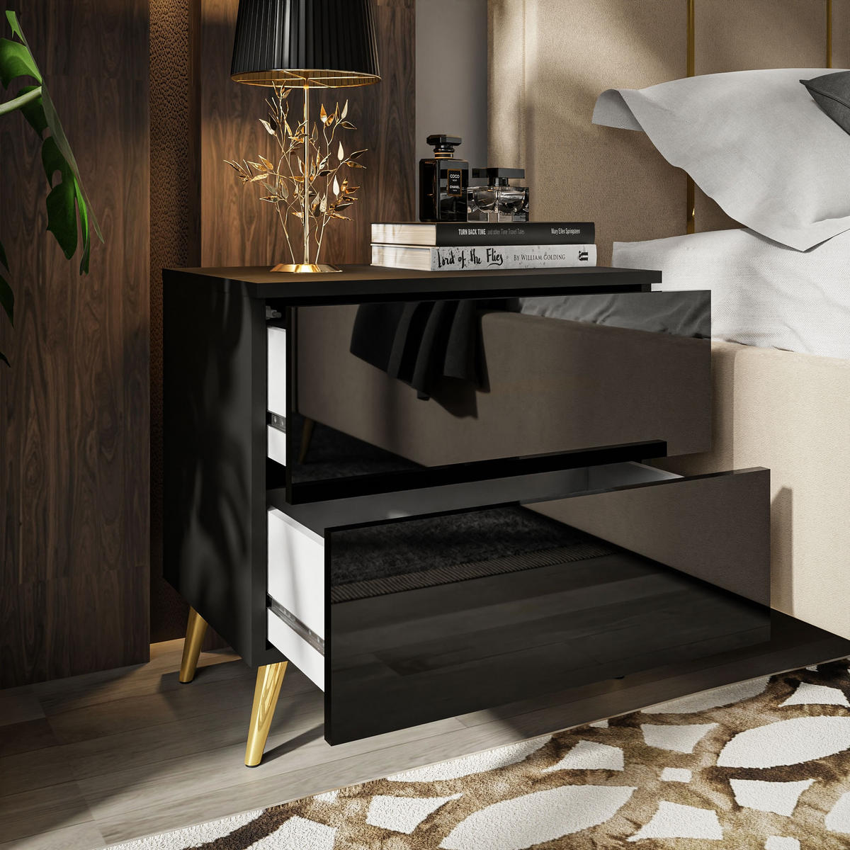 NACHTTISCH AURA PUSH OPEN mit goldenen Beinen - Schwarz, Holzwerkstoff (55/55/37cm) - Lookway