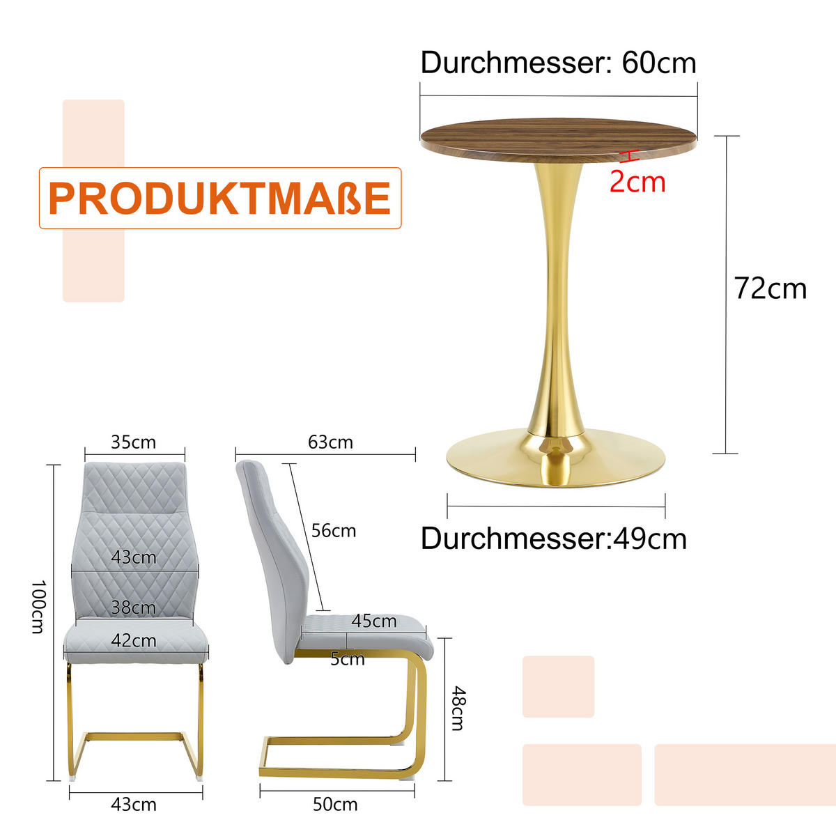 ESSGRUPPE DE-39414 3-teilig, mit 2 Stühlen und Rautenmuster Hellgrau - Grau, Metall (60/72/60cm) - ComfortXL