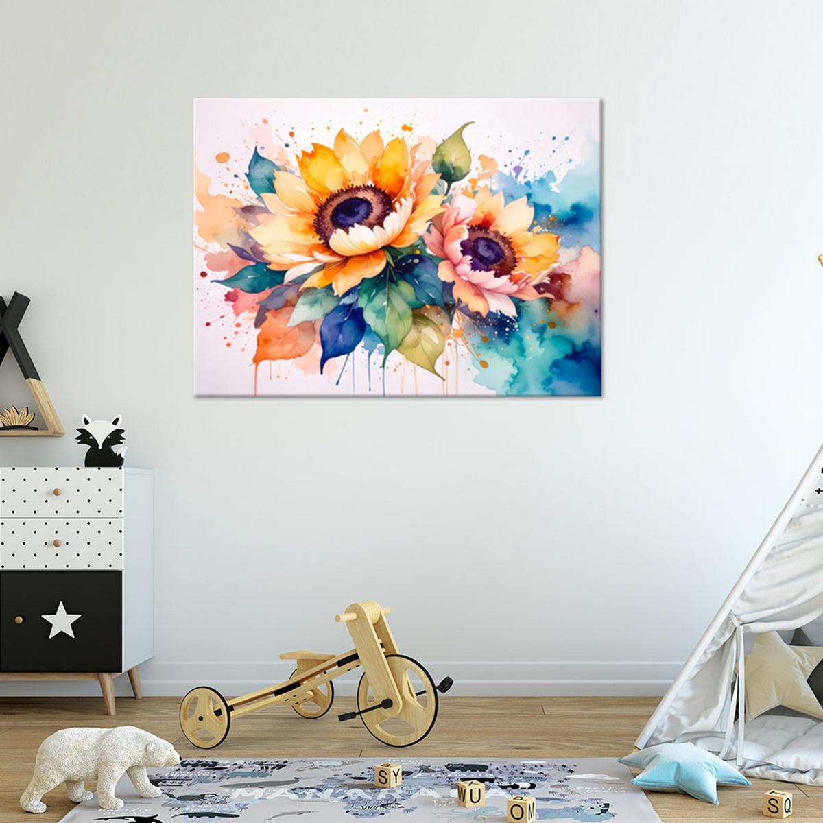 LEINWANDBILD Sonnenblumen Blumen Aquarell 120x80cm - Multicolor, Textil (120/80cm) - Feeby