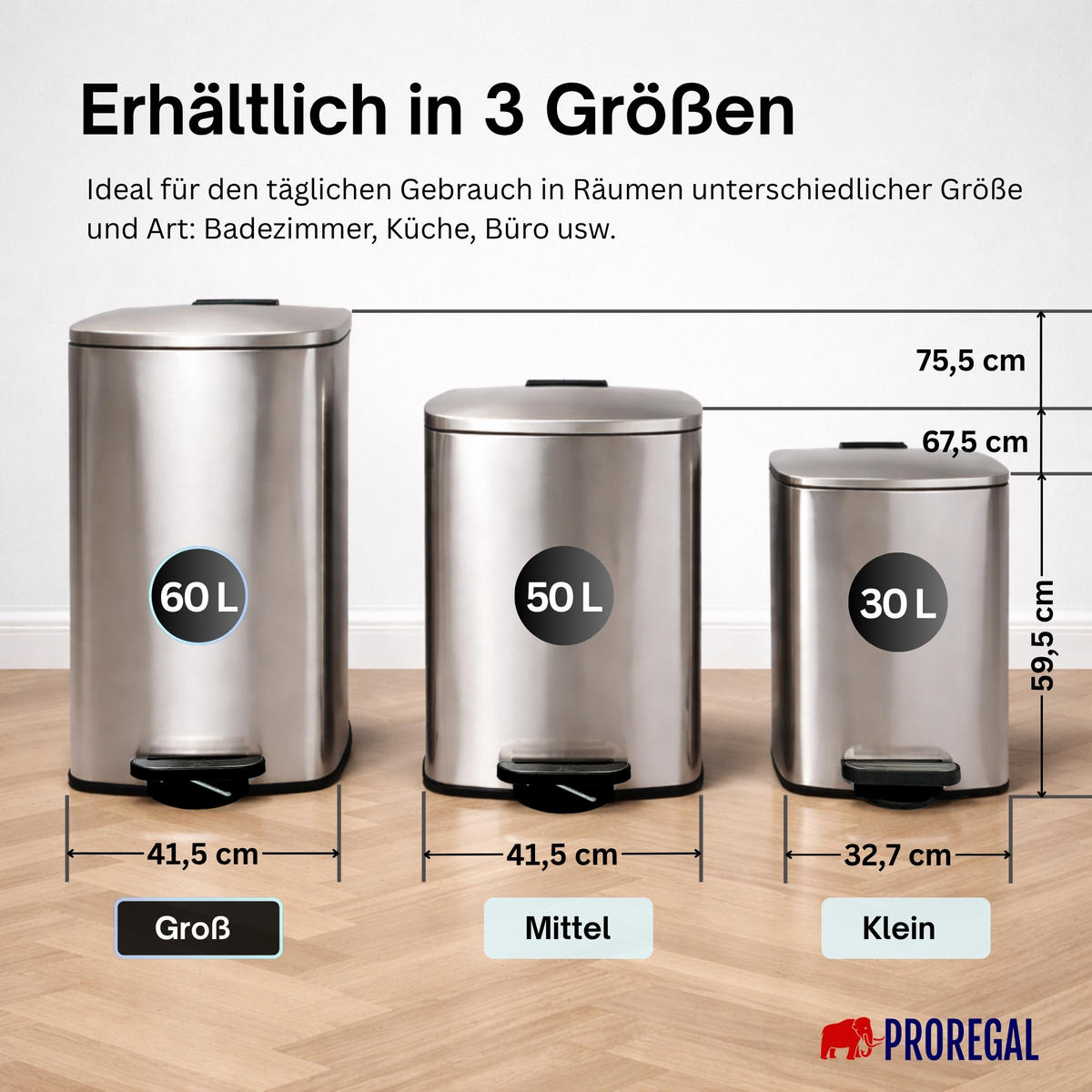 MÜLLEIMER 60 Liter mit Softclose & Fußpedal - Silberfarben, Metall (41.5/75.5/49cm) - PROREGAL