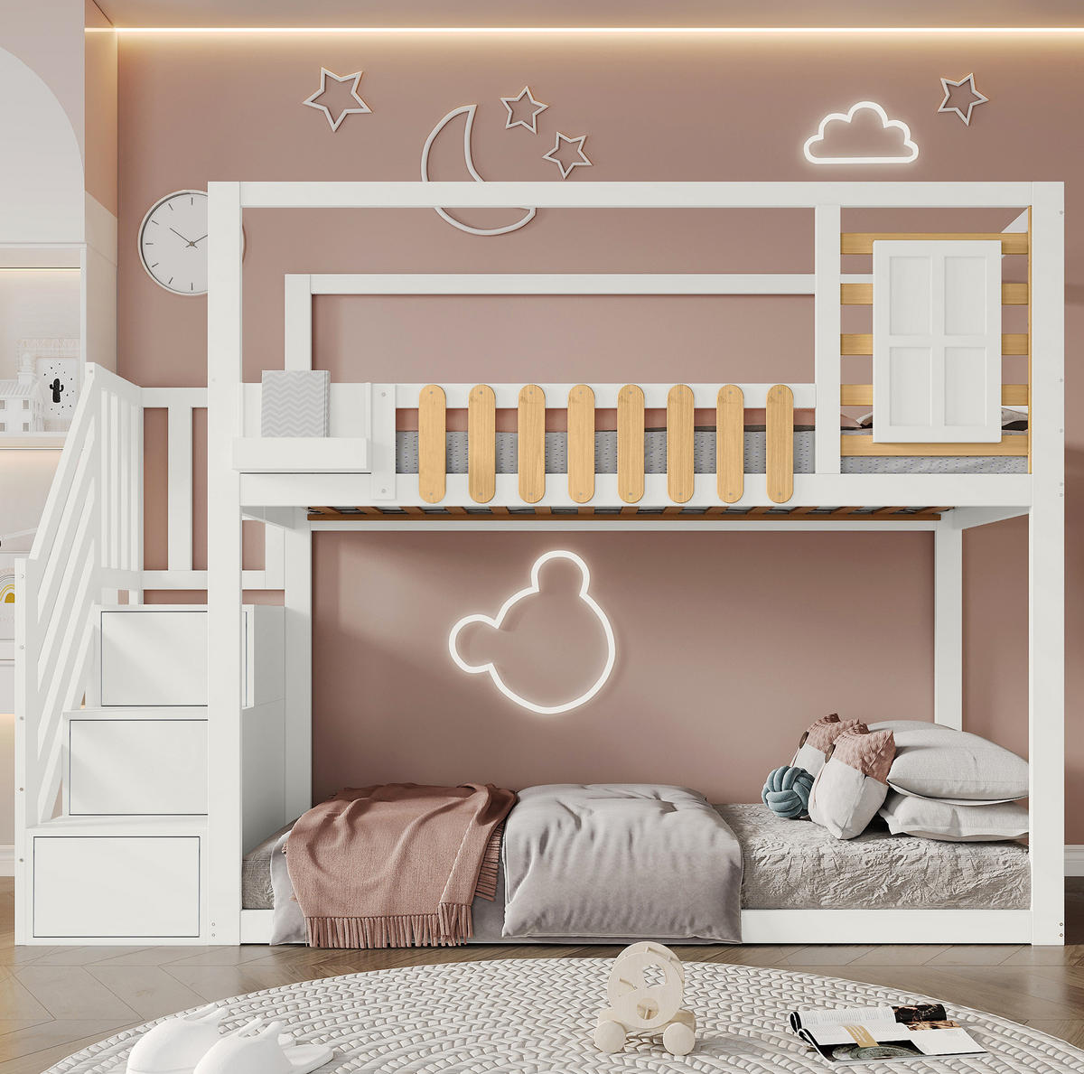 ETAGENBETT 90/200 cm Weiß/Natur mit Treppe, Stauraum und Fensterdesign - Weiß, Holzwerkstoff (90/200cm) - Flora Grace