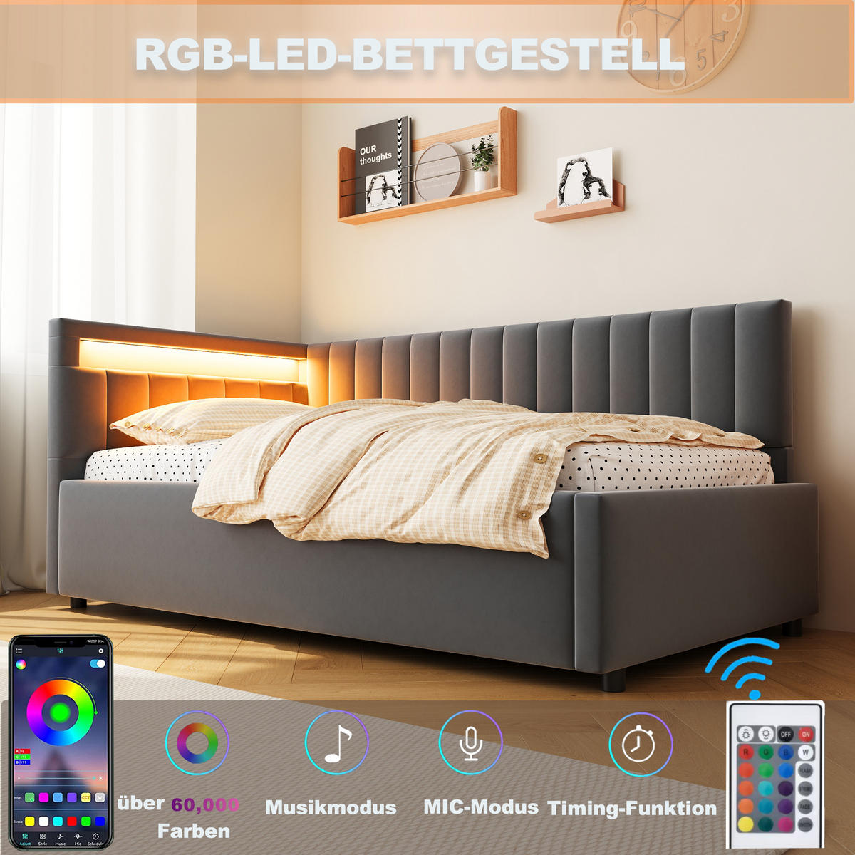 POLSTERBETT 90x200 cm LED Stauraum grau - Grau, Textil (90/200cm) - LEBENLANG