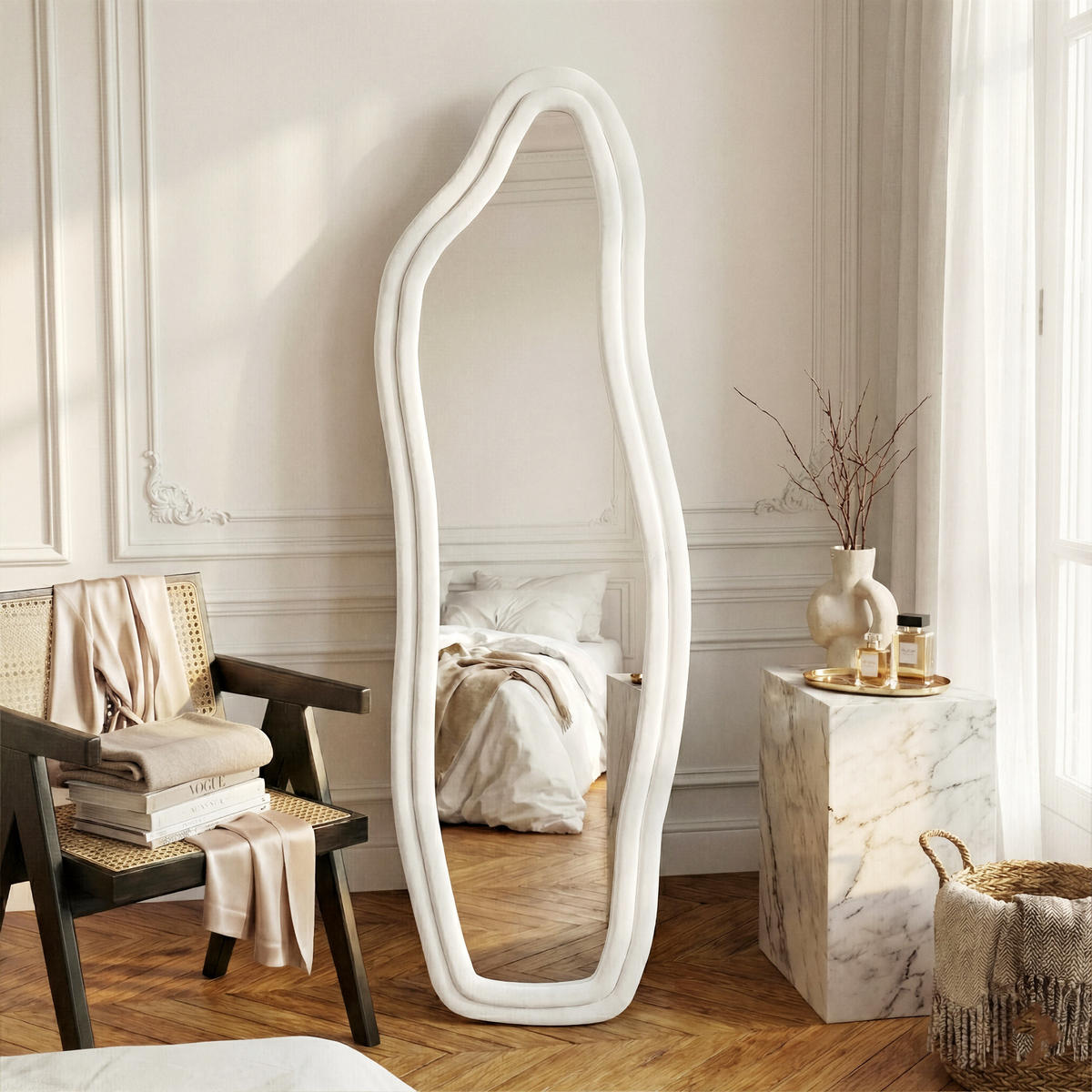 GANZKÖRPERSPIEGEL Wellen-Design mit U-Standfuß & Scharnier 160/50 cm Weiß - Weiß, Glas/Holzwerkstoff (50/160/3cm) - Creahappy