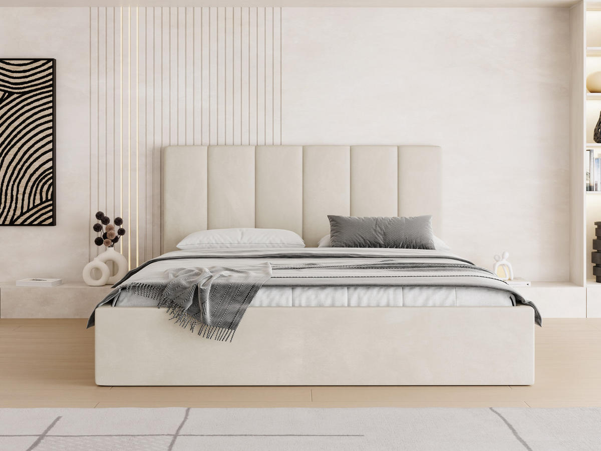 POLSTERBETT Amira Slim mit Bettkasten, Creme Samt 180x200 cm - Beige/Birkefarben, Holz/Holzwerkstoff (180/200cm) - WFL GROUP