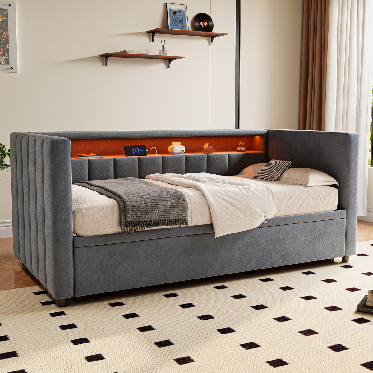 SCHLAFSOFA 90x190cm Ausziehsofa,USB-/Type-C-Anschluss,Samt,Grau - Grau, Textil (201/73/100cm) - LVHOM