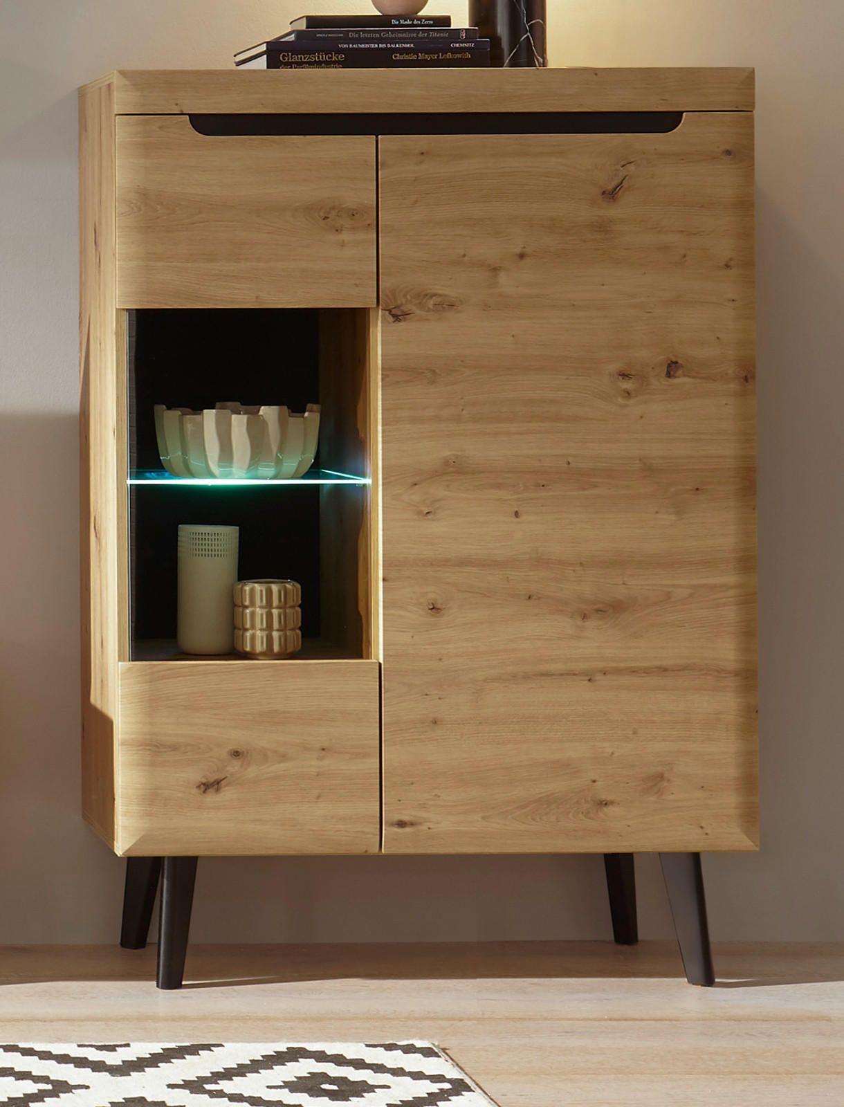 VITRINE Eiche Artisan, schwarz 90 cm, Highboard skandinavisch - Eichefarben/Schwarz, Glas/Holzwerkstoff (90/134/40cm) - Furn.Design