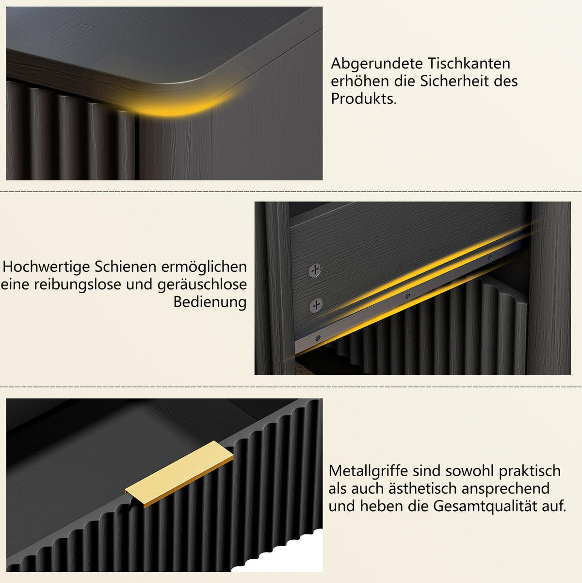 NACHTTISCH 58/38/64 cm Schwarz aus MDF mit 3 Schubladen - Schwarz, Holzwerkstoff (38/64/58cm) - OKWISH