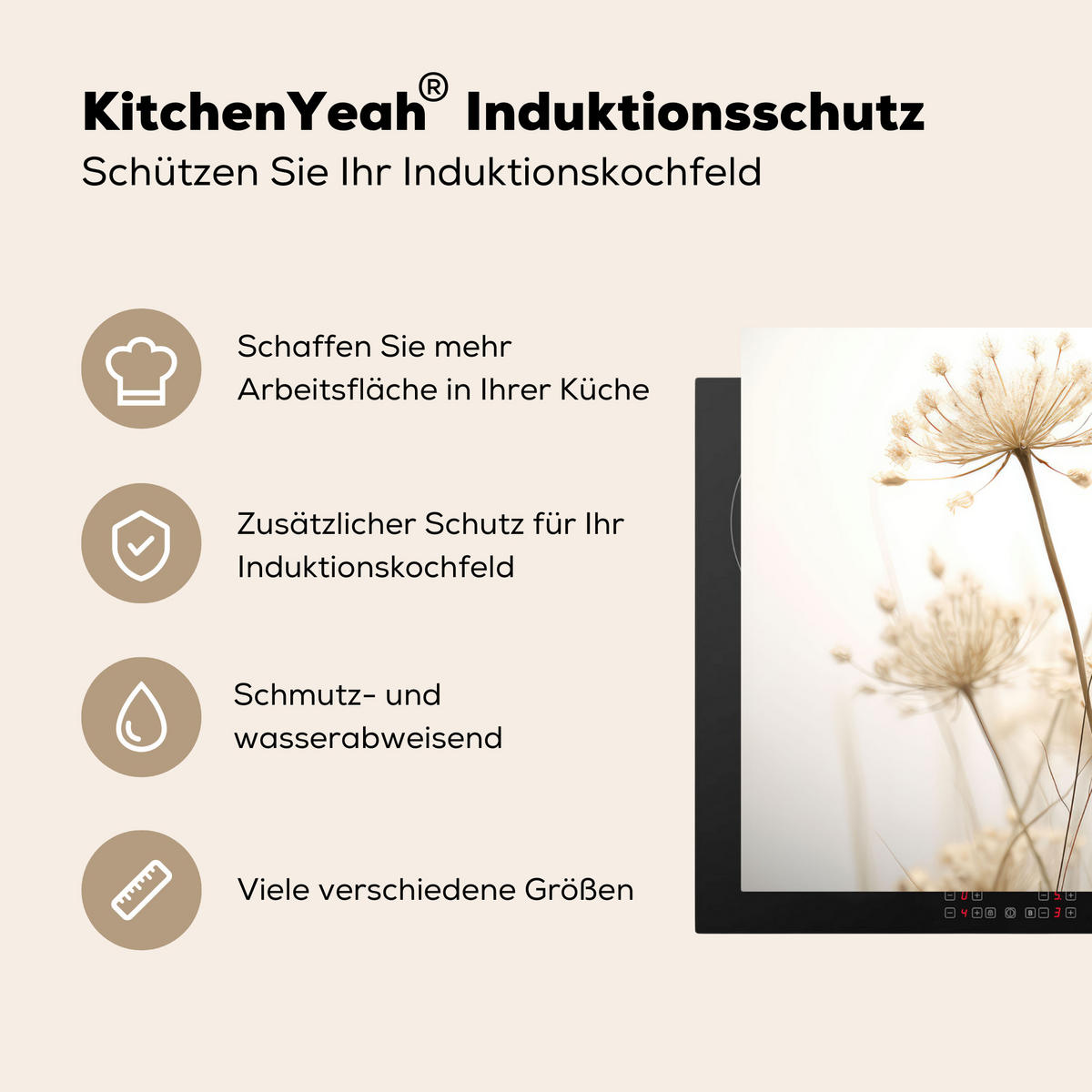 HERDABDECKPLATTE Blumen - Weiß - Sonnenlicht 81x52 cm - Ecru, Kunststoff (81/0.2/52cm) - MuchoWow