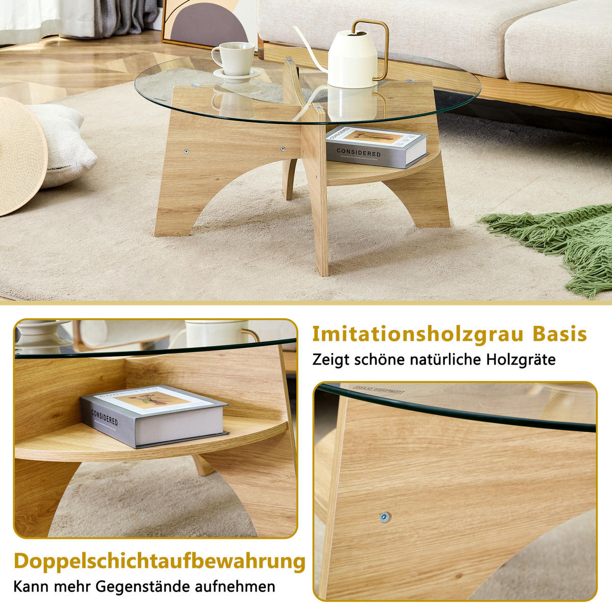 COUCHTISCH 80/36 cm transparent Naturholz aus MDF und Sicherheitsglas mit fächerförmigem Gestell - Naturfarben, Holzwerkstoff (80/80/36cm) - OKMYHOME