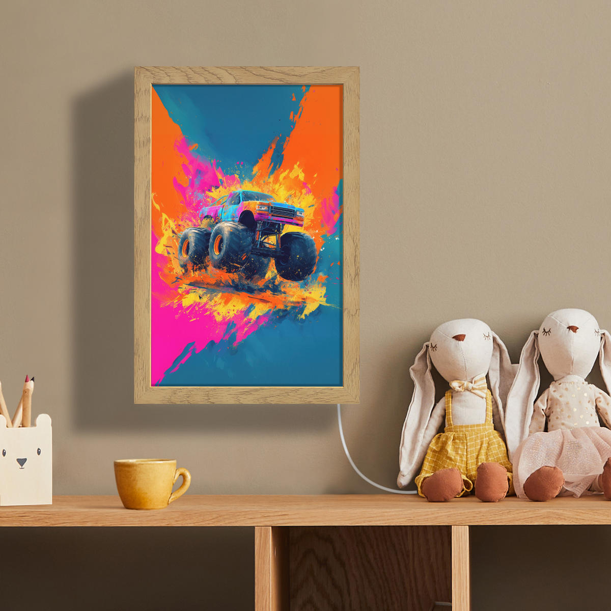 NÁSTĚNNÁ LAMPA Monster truck - Abstraktní - Stříkající barva - Barevné 20x30 cm - růžová, kompozitní dřevo (20/30/8cm) - OnlyWow