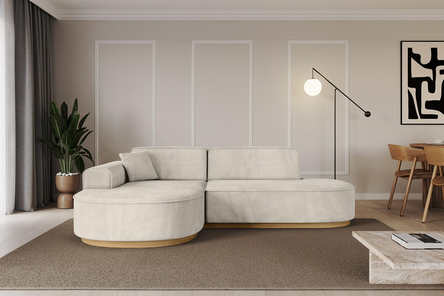 ECKSOFA Ottomane Links MARI-L1-v2 - 243x171x83 cm Ecru Velours - Ecru, Holzwerkstoff/Textil (243/171cm) - ALTDECOR