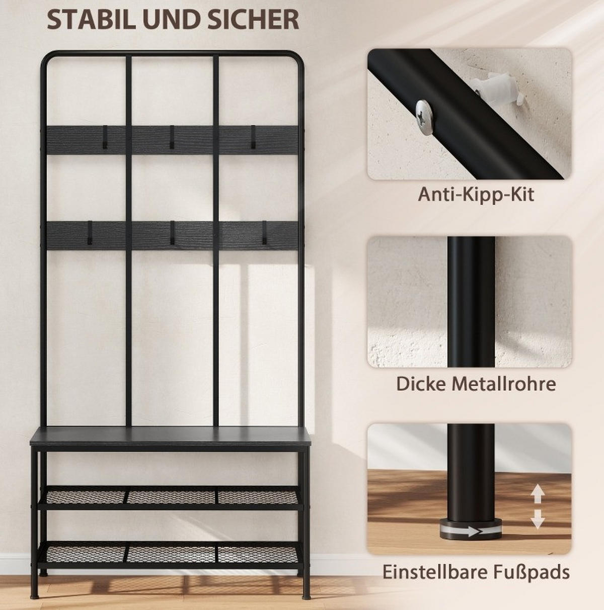 GARDEROBENSTÄNDER 3-in-1 mit Sitzbank und Schuhregal Metall Schwarz - Schwarz, Metall (36/180/91cm) - Beauniv