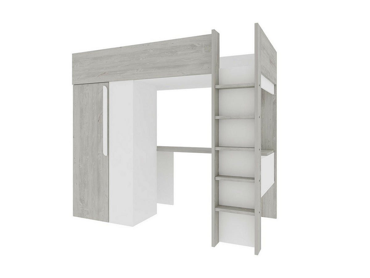 HOCHBETT mit Schreibtisch & Kleiderschrank + Matratze - 90 x 200 cm - Holzfarben Grau & Weiß - NICOLAS - Hellgrau, Holz (110/205.2cm) - Vente-Unique