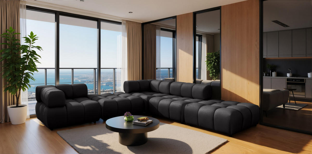 ECKSOFA Corner Modular, Veloursstoff Bluvel, Schwarz, Rechts, Bolla - Schwarz, Holz (288/288cm) - Kaiser Möbel