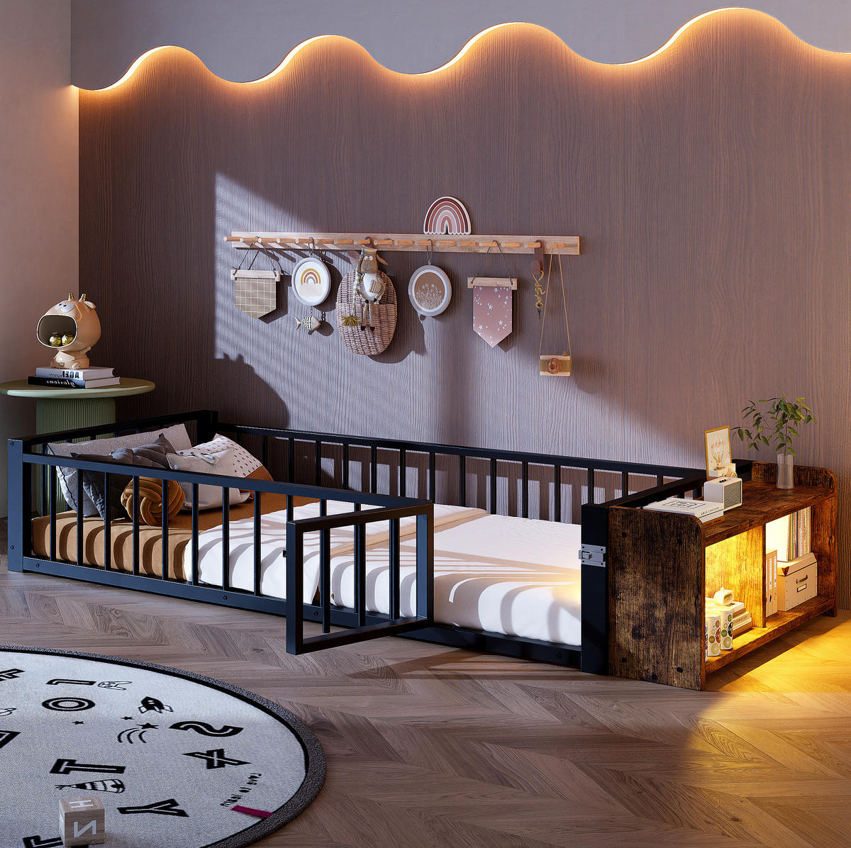KINDERBETT 90/200 cm aus Metall und MDF mit Schutzgeländer und LED-Beleuchtung Schwarz - Schwarz, Holzwerkstoff (90/200cm) - Modenvie