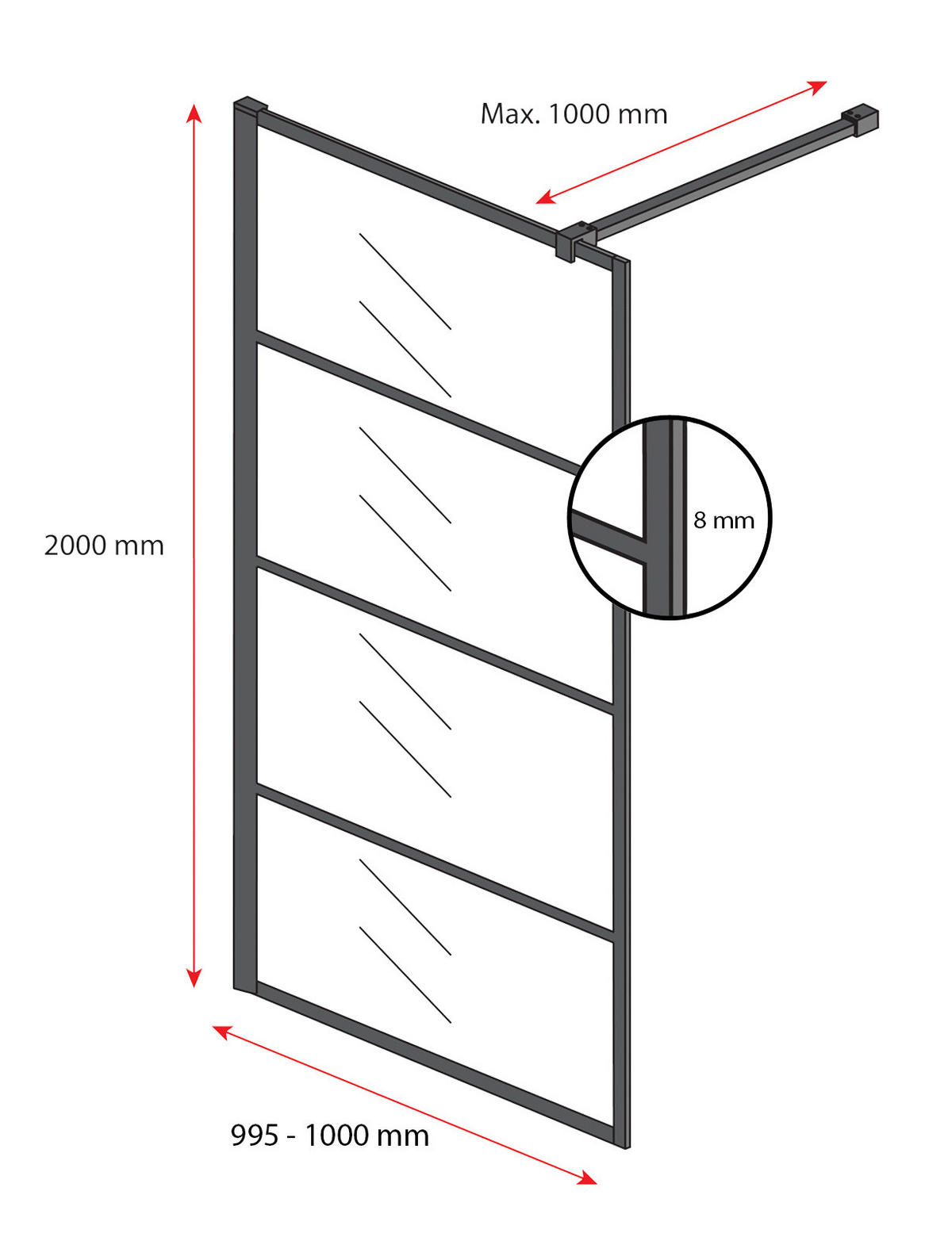 DUSCHWAND Essos - 100 x 200 cm - Schwarz - Walk-In Duschabtrennung aus Sicherheitsglas - Schwarz, Glas (100/200cm) - Badplaats