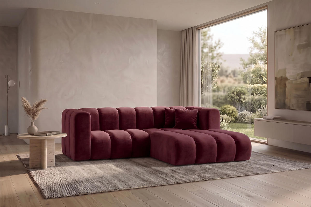 ECKSOFA Modulares In L-Form, Velvet-Stoff Riviera, Rotwein, Rechts, GRAND - Dunkelrot, Holz (227/179cm) - Kaiser Möbel