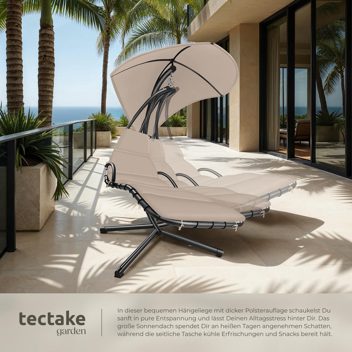 HÄNGELIEGE Elaria,195 x 132 x 197 cm, mit Seitentasche,beige - Beige, Textil (132/197/195cm) - tectake