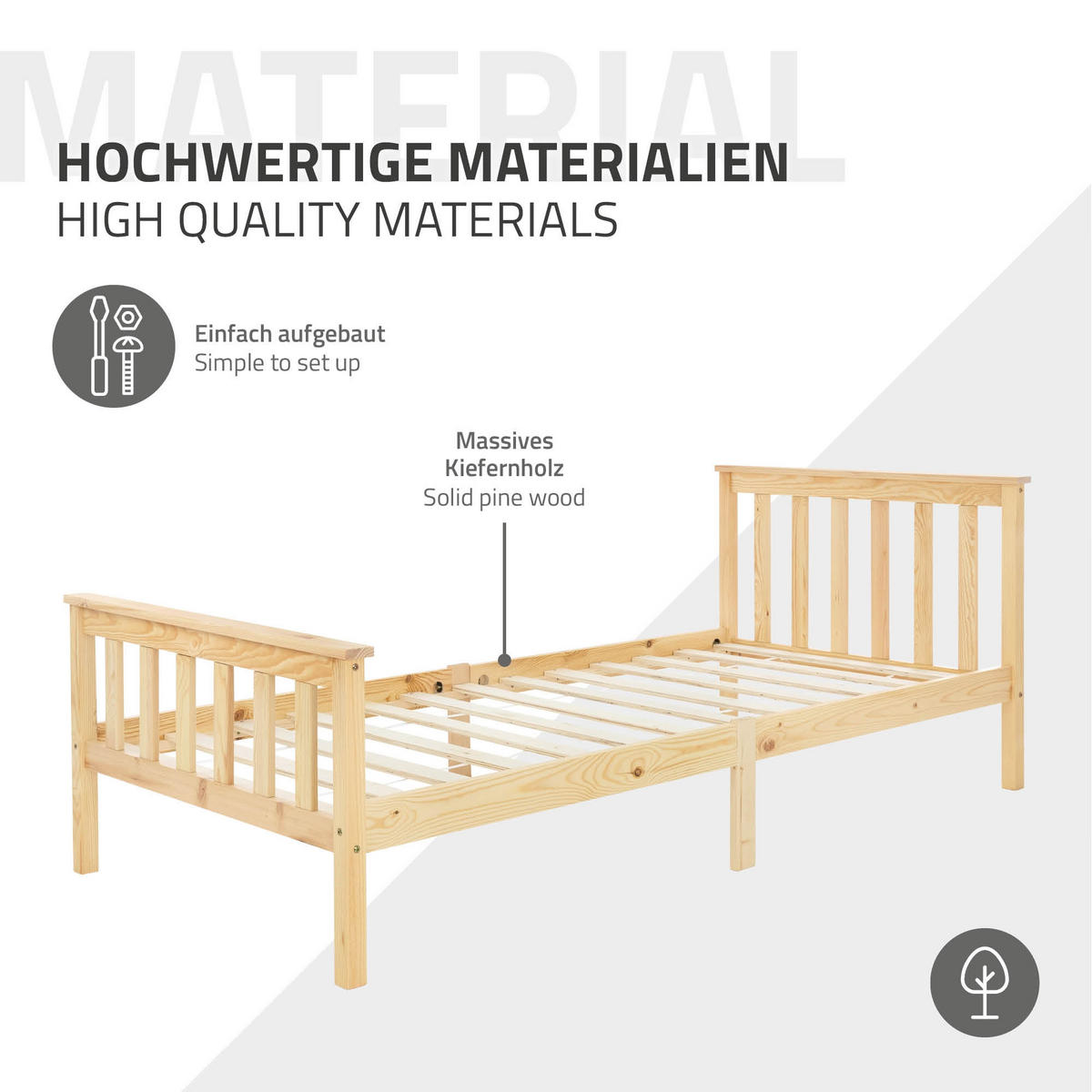 HOLZBETT 90x200 cm Natur Kiefernholz mit Lattenrost und Matratze H10cm - Naturfarben, Holz/Textil (90/200cm) - ML-DESIGN