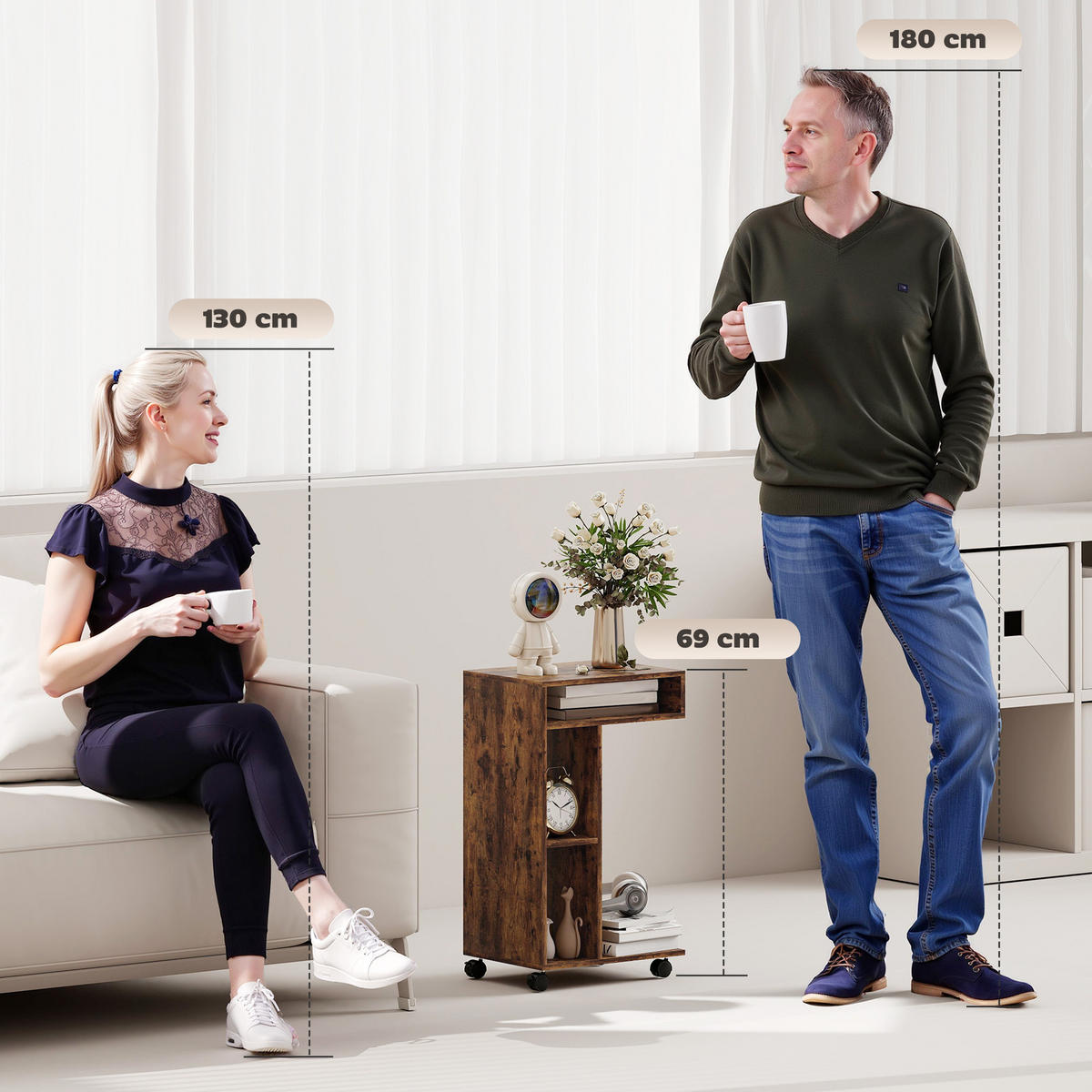 BEISTELLTISCH Couchtisch mit Rollen, 4 Regalen, Braun - Braun, Holzwerkstoff (40/30/69cm) - HOMCOM