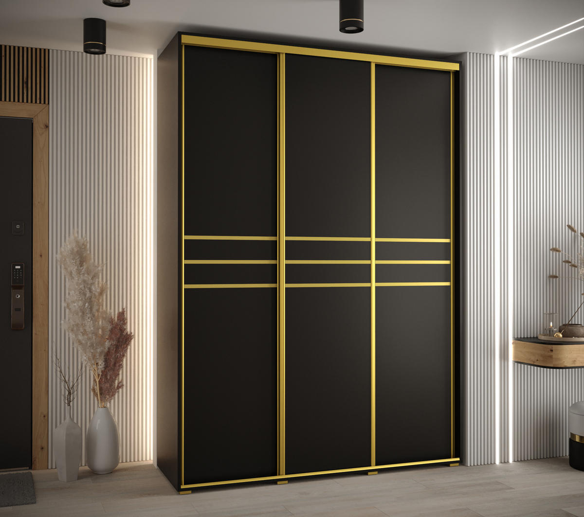 SCHWEBETÜRENSCHRANK 235,2/180/60 3-türig - Goldfarben/Schwarz, Holz/Metall (180/235/60cm) - Abiks Möbel