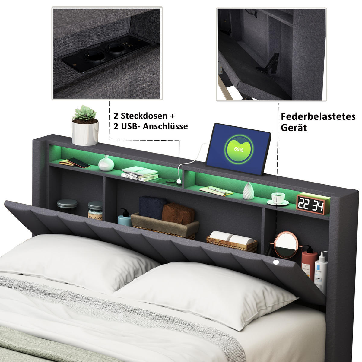 POLSTERBETT 160x200 cm, Grau, mit USB & LED - Grau, Textil/Metall (160/200cm)