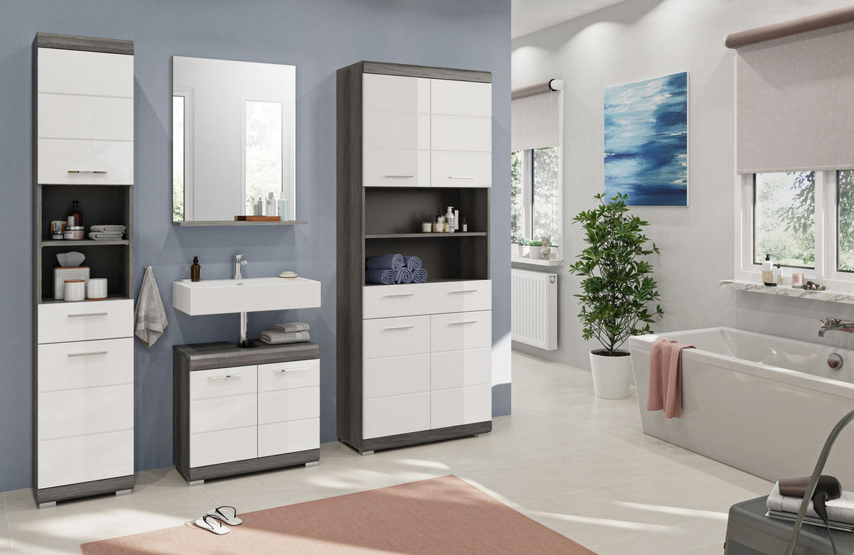 BADKOMBINATION 4tlg. Scout Bad in Rauchsilber Nachbildung und weiß hochglanz B/H/T: 186x191x34 cm - Anthrazit, Holz (186/191/34cm)