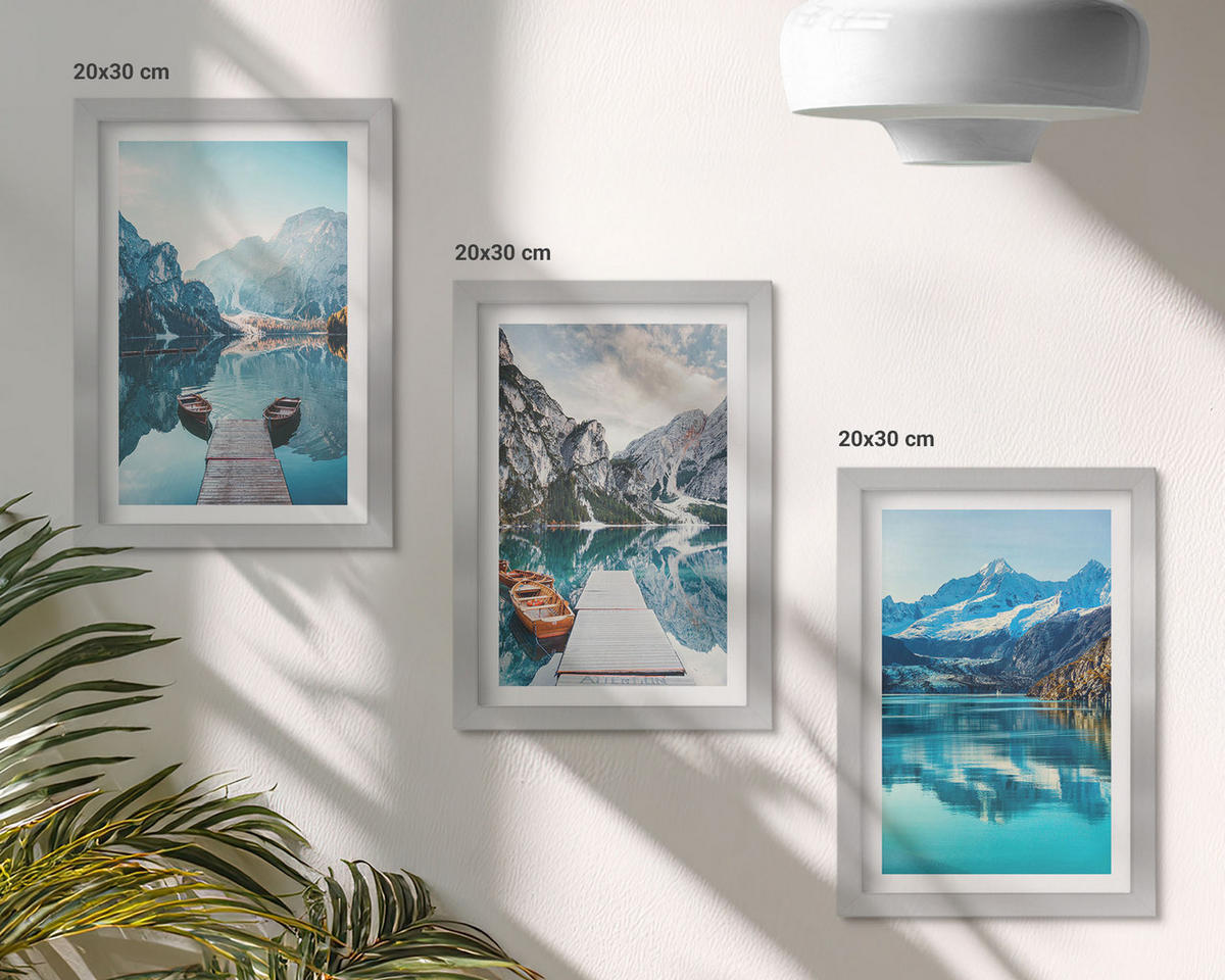 WANDBILDER 3er Set - 20x30 cm Silberner Rahmen - Spiegelung der Boote auf Bergseen - Silberfarben, Kunststoff (20/30cm) - ArtPrintCave