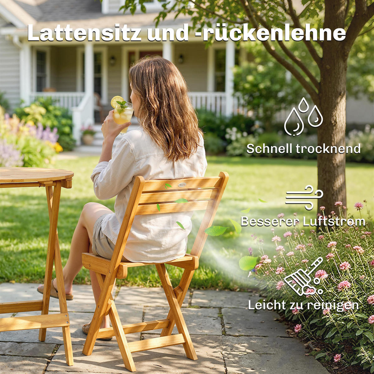 BALKONMÖBEL-SET 3er Set Akazienholz Polyester Naturholz - Beige/Naturfarben, Holz/Textil - Outsunny